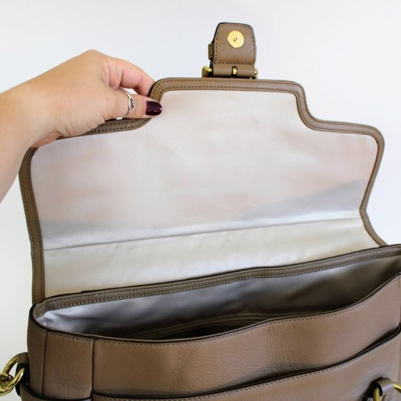 Coach Taupe/Tan/Camel Large Campbell Leather Eva Flap Satchel Purse - Picture 9 of 11